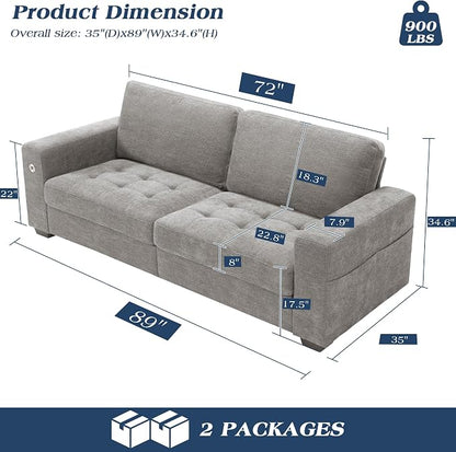 WorthFurni Sofas for Living Room, Chenille Loveseat Couch Set, Small Sofa, 3 Seater Sofa, USB Charging, Removable Sofa Cover,Solid Wood Frame, Easy to Install(89inch,Grey)