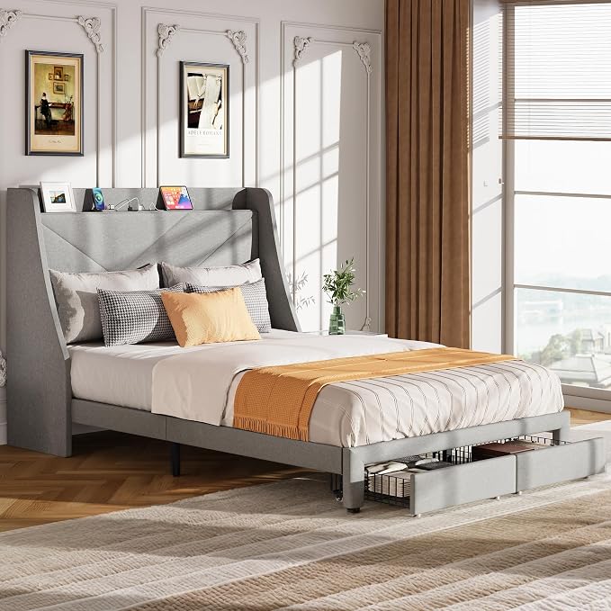 DWVO Queen Size Storage Bed Frame, Platform Bed Frame with Integrated Charging Ports, 2 Drawers on Wheels, Upholstered Headboard with Shelf, Easy Assembly, No Box Spring Needed (Gray)