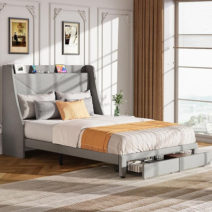 DWVO Queen Size Storage Bed Frame, Platform Bed Frame with Integrated Charging Ports, 2 Drawers on Wheels, Upholstered Headboard with Shelf, Easy Assembly, No Box Spring Needed (Gray)
