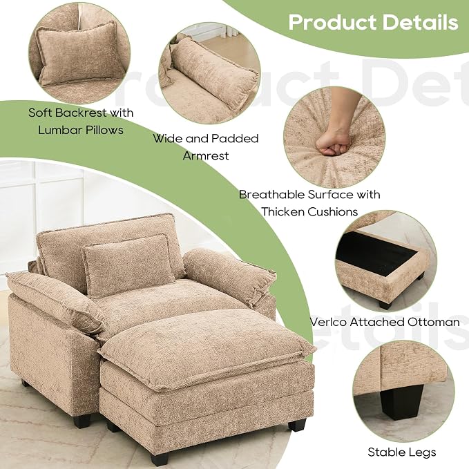 Oprisen 53" Modular Sectional Sofa, Comfy Cloud Couch Sectional Sofa with Ottoman, Chenille Sofa Sleeper Deep Seat Sofa with Throw Pillows for Living Room (Khaki)