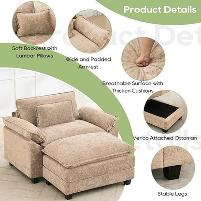 Oprisen 53" Modular Sectional Sofa, Comfy Cloud Couch Sectional Sofa with Ottoman, Chenille Sofa Sleeper Deep Seat Sofa with Throw Pillows for Living Room (Khaki)