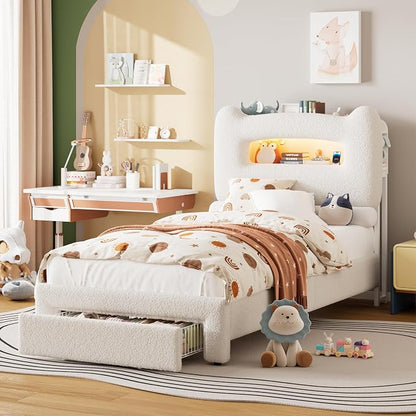GarveeHome Led Twin Bed Frame for Kids with Drawer, Upholstered Sturdy Platform Bed with Storage Headboard and Charging Station, Noise Free, Easy Assemble, for Girls/Boys, Beige