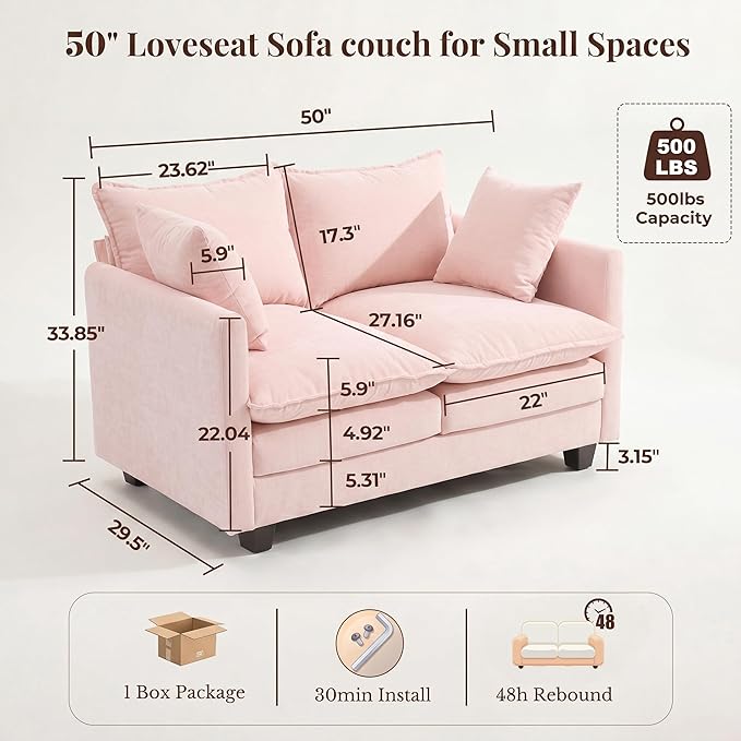 Loveseat Sofa with Cloud 3-Layer Cushion & 27" Deep Seat, Modern Love Seat Small Couch with 2 Washable Pillows for Small Spaces, Bedroom, Apartment, Office, Living Room, in a Box, 50-Inch Blush Pink