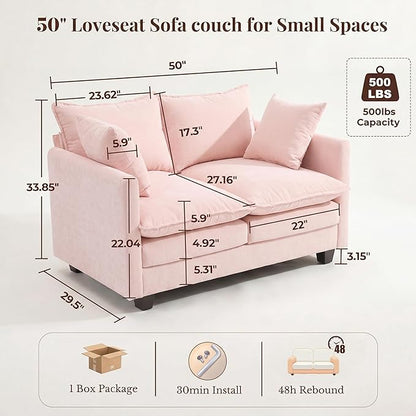 Loveseat Sofa with Cloud 3-Layer Cushion & 27" Deep Seat, Modern Love Seat Small Couch with 2 Washable Pillows for Small Spaces, Bedroom, Apartment, Office, Living Room, in a Box, 50-Inch Blush Pink