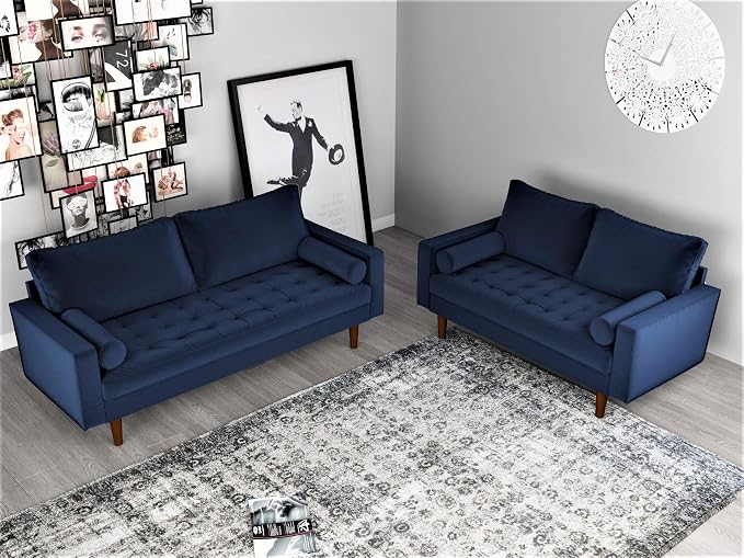 Container Furniture Direct Womble Mid Century Modern Soft Velvet Upholstered Tufted Seat with Bolster Pillows, Loveseat, Sofa, Misty Blue
