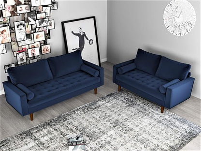 Container Furniture Direct Womble Mid Century Modern Soft Velvet Upholstered Tufted Seat with Bolster Pillows, Loveseat, Sofa, Misty Blue