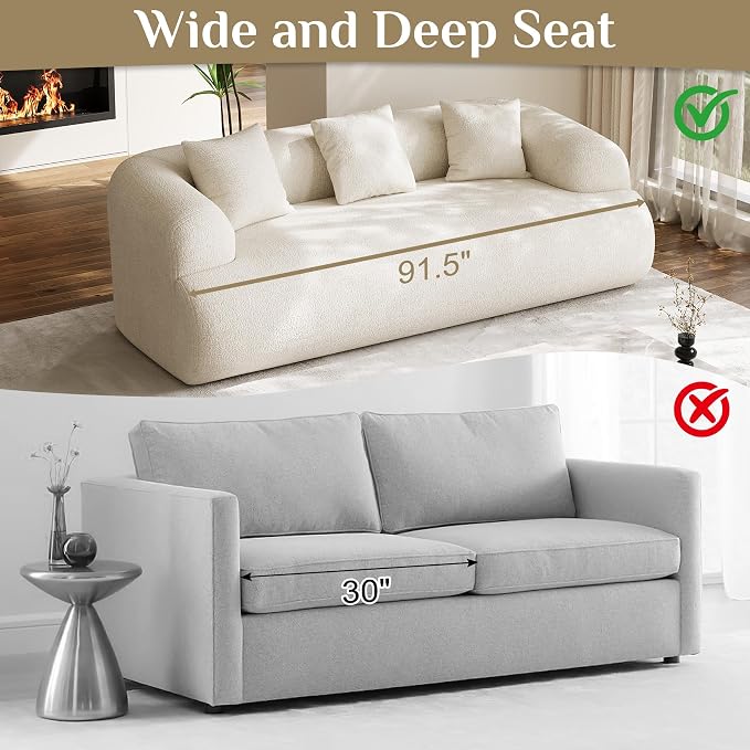 91" Boneless Couch,Cloud Couch,Chenille Curved Sofa with 3 Seater and 3 Pillows, Modern Compression Sofa for Living Room, Bedroom and Apartment, No Assembly Required, Beige White