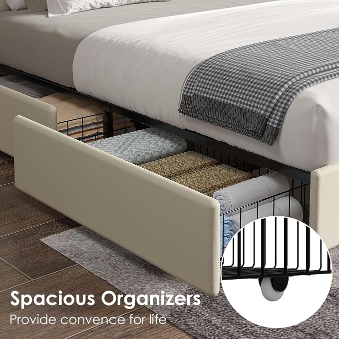 VECELO King Size Upholstered Bed Frame with 4 Storage Drawers, Adjustable Velvet Rivet Decor Headboard, Wooden Slats Platform Support, No Box Spring Needed, Easy Assembly,Beige