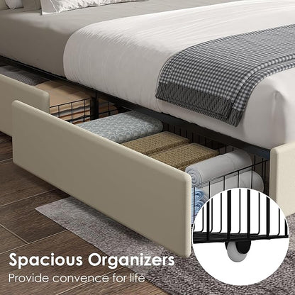 VECELO King Size Upholstered Bed Frame with 4 Storage Drawers, Adjustable Velvet Rivet Decor Headboard, Wooden Slats Platform Support, No Box Spring Needed, Easy Assembly,Beige