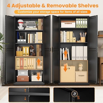 71" Metal Pantry Cabinet,Storage Cabinet with Doors and Shelves | Metal Storage Cabinet,Gold Handles,Adjustable Shelves,Magnetic Doors,Leveling Feet,Anti-tipping,for Kitchen/Garage Black