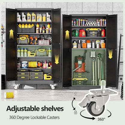 Metal Garage Storage Cabinet, 74”Tall Rolling Utility Cabinet Black | storage system with Wheels, Lock, 5 Adjustable Shelves, Heavy Duty Steel Tool Locker for Home Office, Utility Room, Gym