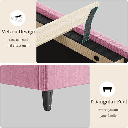 GAOMON Pink Full Bed Frame with Upholstered Headboard, Heavy-Duty Platform Bed Frame with Strong Wood Slats, No Box Spring Needed/Noise Free/Easy Assembly