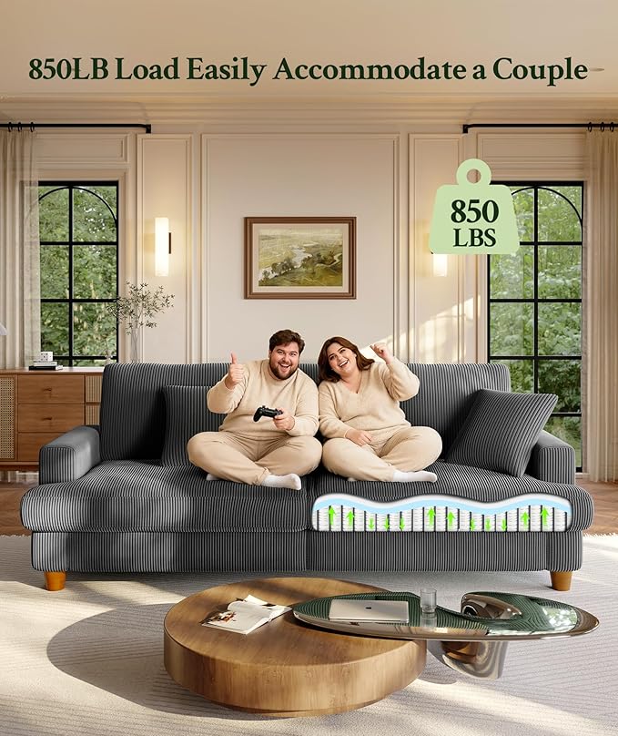 Welzona 87.2" Couches for Living Room, Comfy U Shaped Couch Grey 7.5" Thicker Cushion, Sofas for Living Room Tool-Free Setup, Loveseat with Ottoman 848lbs Support, Corduroy Couch for Bedroom, Office