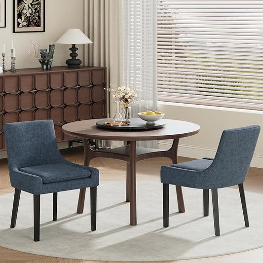 Modern Dining Room Chairs Set of 2 with Mid Back and Wood Legs, Upholstered Kitchen Chairs for Dining Room/Living Room, Blue