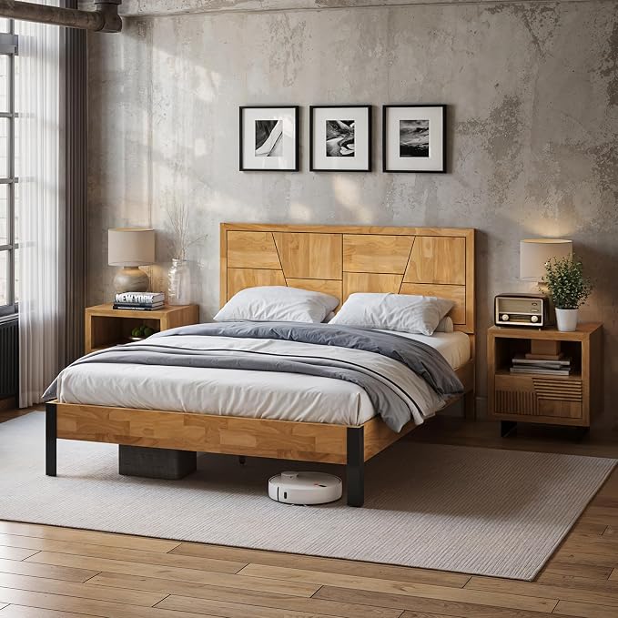 Bme Trapeze King Bed Frame – Modern Solid Wood Bed with Smooth Pattern Headboard, Black Metal Legs, Light Natural Finish – Durable King Size Platform Bed for Contemporary Bedrooms