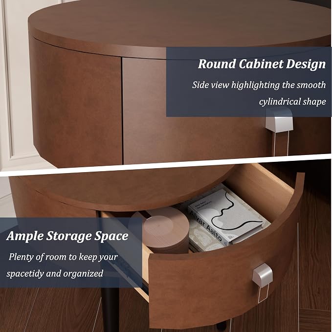 Round Nightstand Set of 2 with Single Drawer, Modern Bedside Table with Metal Legs for Bedroom, Leather Side Table, Small Accent End Table, Brown