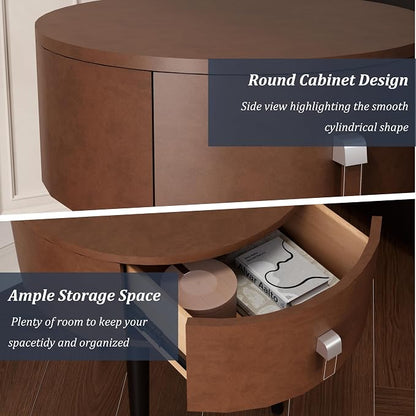 Round Nightstand Set of 2 with Single Drawer, Modern Bedside Table with Metal Legs for Bedroom, Leather Side Table, Small Accent End Table, Brown