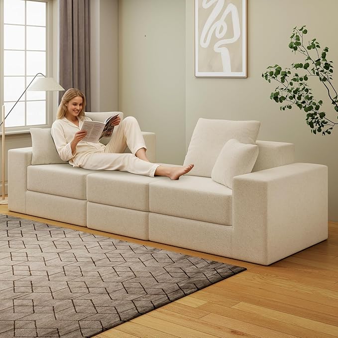 Cloud Modular Sectional Sofa, Comfy Boneless Couch for Living Room, Modern L-Shaped Couch with Reversible Chaise, Customizable Sleeper Sofa with Non Slip, No Assembly & Deep Seat, Beige