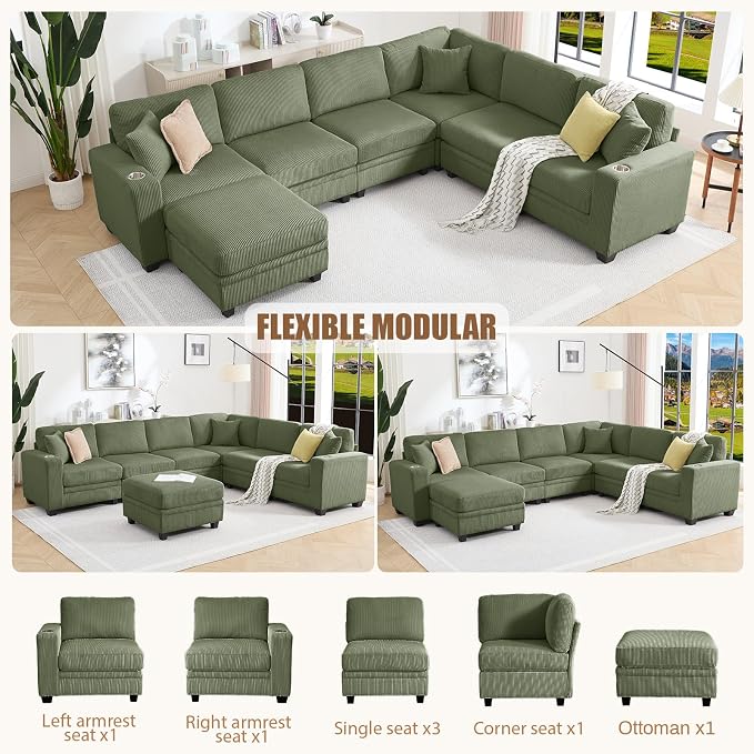 127" Modular Sectional Sofa with Storage, Corduroy 7-Seater V-Shaped Sofa with Ottoman Chaise, Convertible L-Shaped U-Shaped Cloud Sectional Couches for Living Room, Apartment