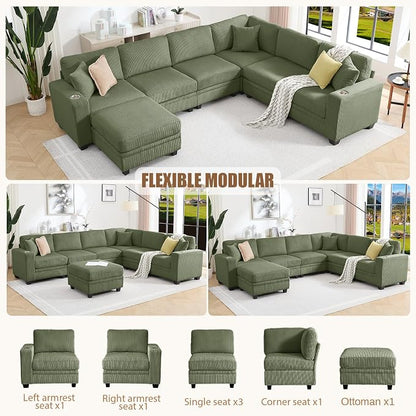 127" Modular Sectional Sofa with Storage, Corduroy 7-Seater V-Shaped Sofa with Ottoman Chaise, Convertible L-Shaped U-Shaped Cloud Sectional Couches for Living Room, Apartment