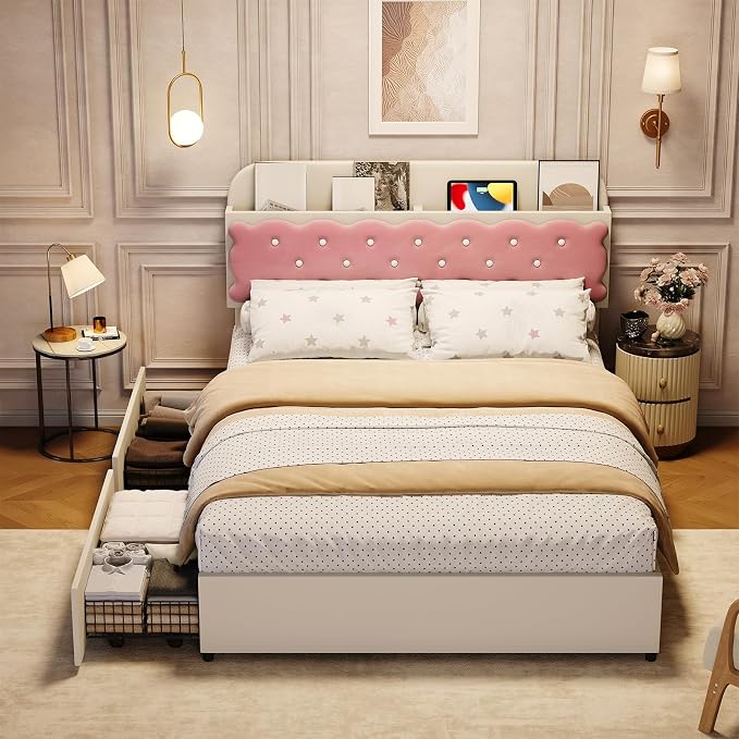 Garvee Girls Full Size Bed, Sandwich Cookie Style Princess Bed Frame, Beige Pink Upholstered with Storage Headboard & 2 Drawers, No Box Spring Needed