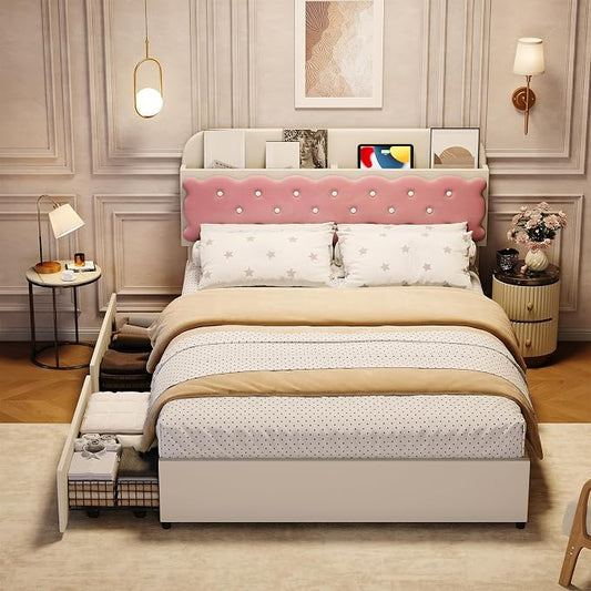 Garvee Girls Full Size Bed, Sandwich Cookie Style Princess Bed Frame, Beige Pink Upholstered with Storage Headboard & 2 Drawers, No Box Spring Needed