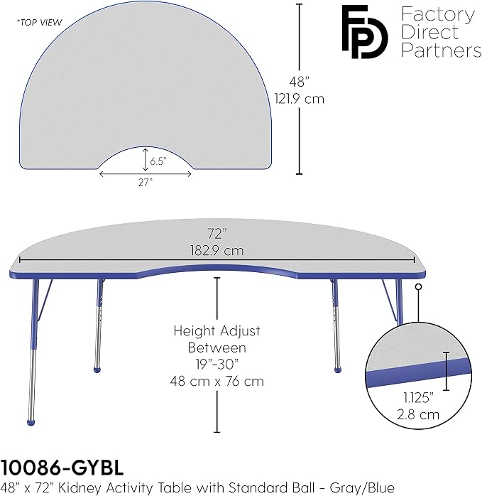 FDP Kidney Activity School and Office Table (48 x 72 inch), Standard Legs with Ball Glides for Collaborative Seating Environments, Adjustable Height 19-30 inches - Gray Top and Blue Edge