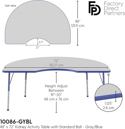 FDP Kidney Activity School and Office Table (48 x 72 inch), Standard Legs with Ball Glides for Collaborative Seating Environments, Adjustable Height 19-30 inches - Gray Top and Blue Edge
