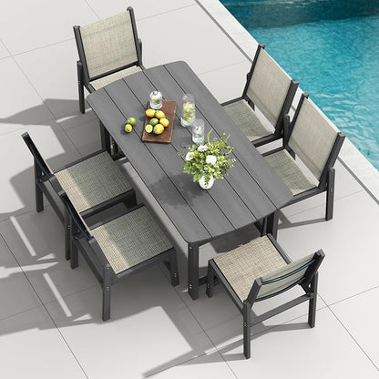 HDPE Outdoor Patio Dining Set with Table & 6 Stackable Armless Textilene Chairs, All-Weather 7-Piece Dining Table Set with Umbrella Hole, Patio Furniture for Garden, Poolside, Backyard, Deck | Grey