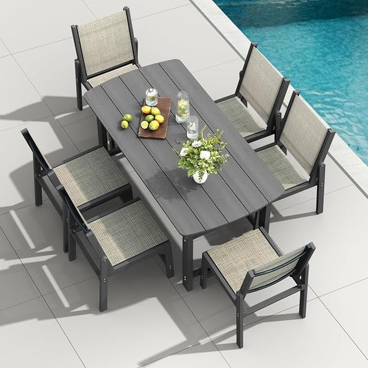 HDPE Outdoor Patio Dining Set with Table & 6 Stackable Armless Textilene Chairs, All-Weather 7-Piece Dining Table Set with Umbrella Hole, Patio Furniture for Garden, Poolside, Backyard, Deck | Grey