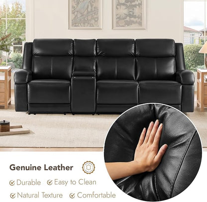 Watson & Whitely Genuine Leather Power Recliner Sofa, 3 Seater Wall Hugger Reclining Sofas with Storage Console, Power Headrest, USB, Electric Recliner Couch Set for Living Room, Black
