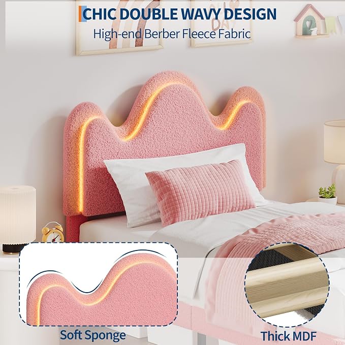 IDEALHOUSE Twin Bed Frame with LED Headboard and Under-Bed Drawer, Metal Upholstered Platform Bed with LED Light for Kids, Girls, Lamb Fleece Fabric, Wooden Slats Support, No Box Spring Needed, Pink