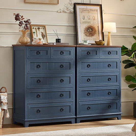 Joaxswe Farmhouse 6 Drawer Dresser for Bedroom Set of 2, 41" Tall Small Dressers & Chest of Drawers, Rustic Wood Dresser with Metal Handle, Storage Organizer Closet for Living Room, Hallway, Entryway