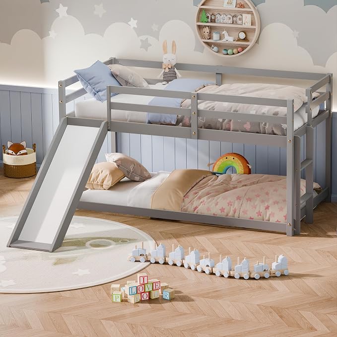 Bunk Bed with Slide, Wooden Bed Frame for Kids, Low Loft Bunk Bed Twin Over Twin with Ladders, Safety Guardrails for Kids, Toddlers, Boys, Girls, Teens, Bedroom (Grey)