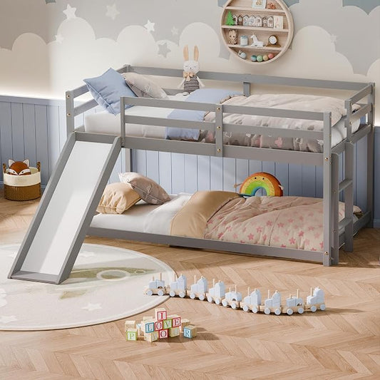 Bunk Bed with Slide, Wooden Bed Frame for Kids, Low Loft Bunk Bed Twin Over Twin with Ladders, Safety Guardrails for Kids, Toddlers, Boys, Girls, Teens, Bedroom (Grey)
