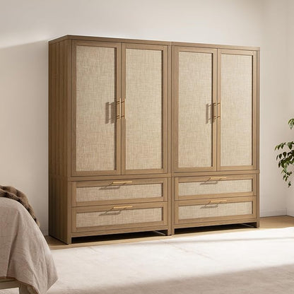 SICOTAS Larger Armoire Wardrobe Closet, 71" Tall Rattan Freestanding Wardrobe Cabinet with Storage and 2 Drawers, Boho Clothes Organizer with Hanging Rod for Bedroom, Oak (2 Pieces)