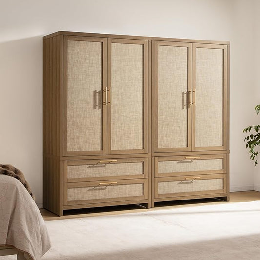 SICOTAS Larger Armoire Wardrobe Closet, 71" Tall Rattan Freestanding Wardrobe Cabinet with Storage and 2 Drawers, Boho Clothes Organizer with Hanging Rod for Bedroom, Oak (2 Pieces)
