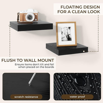 RICHFOCUS 8 Inch Floating Shelves for Wall Small Square Shelves Set for Bedroom|Kitchen|Bathroom|Laundry Room Rustic Wood Wall Mounted Shelf with Invisible Brackets for Books|Storage|Decor, Black