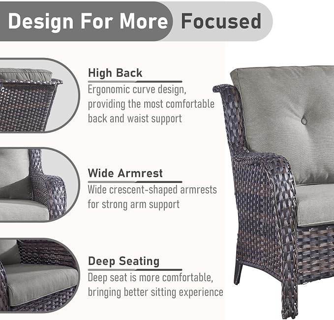 Outdoor Patio Furniture - 3 Seater Outdoor Rattan Wicker Sofa Patio Couch with Ottoman for Porch Deck Garden Backyard - Brown/Grey