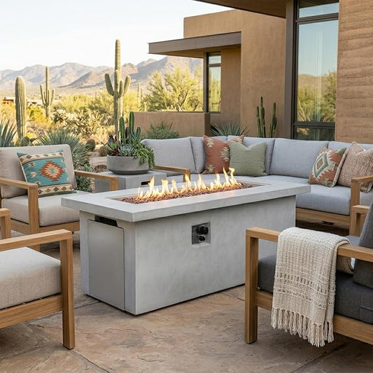 60" Outdoor Propane Fire Pit Table, Rectangular Concrete Gas Fire Pit with 60,000 BTU Heating, Hidden Tank Storage, Electronic Ignition, Lava Rocks & Cover for Patio Backyard Deck Garden, Dark Grey