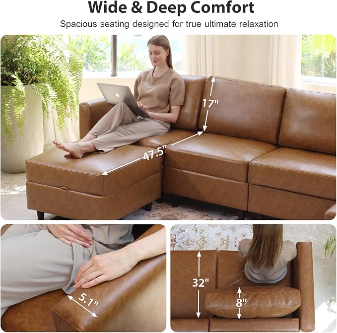 ABCASA Brown Leather Oversized Modular Sectional Sofa with Ottoman, 5 Seater U Shaped Couch with Storage Seat, Comfy Pet-Friendly Faux Leather Couches for Living Room,Apartment,Brown