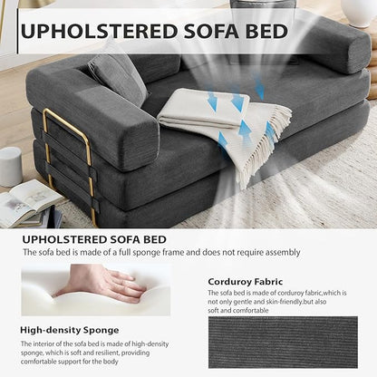 4-in-1 Folding Convertible Sofa Bed, 78 Inch Boneless Couch with Fixed-Shape Frame, Corduroy Loveseat Sleeper with Pull Out Bed, Floor Sofa Modular Futon Couch for Living Room Bedroom Lounge (Grey)