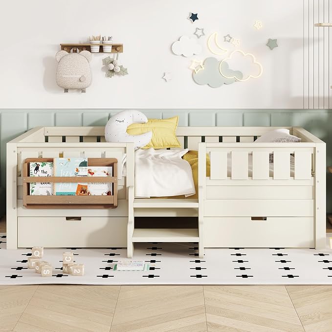 Bellemave Full Kids Montessori Bed with Stairs, Bookshelf and Drawers, Solid Wood Kids Bed Frame with Storage for Boys Girls, Low Profile,Beige