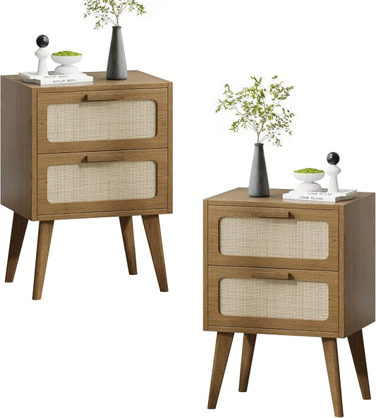 YAUKOMEL Rattan Nightstand Set of 2,Mid Century Modern Bedside with Drawers,End Table, Side Table with 2 Hand Made Rattan Decorated Drawers for Livingroom,Bedroom,Caramel Oak CTG59BR-2