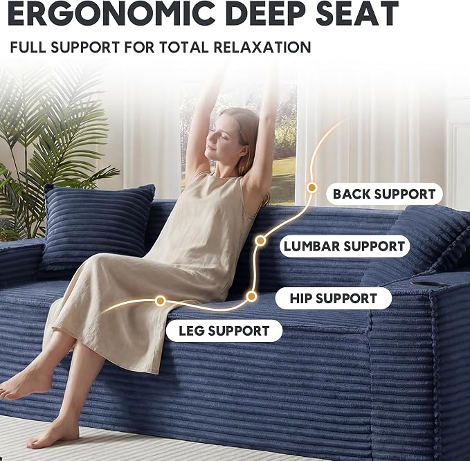 Boneless Sectional Sofa Couch with Cup Holders & Side Pockets, Modern Corduroy Fabric Deep Seat 3-seat Cloud Couch for Living Room Office, No Assembly (Blue)