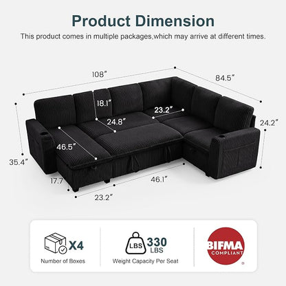 Sectional Sleeper Sofa with Pull Out Bed, Plush Corduroy 7 Seat Modular Sectional Sofa with Storage Chaise and Adjustable Backrest, Cloud Couches for Living Room, Apartment, Black