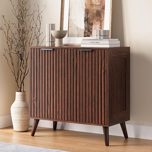Walnut Sideboard Buffet Cabinet with Storage, 2 Doors Modern Fluted Buffet Cabinet for Living Room, Accent Credenza with Adjustable Shelves Entryway Storage Cabinets for Kitchen, Entryway