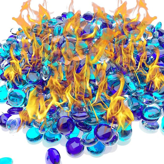 Uniflasy 20 lb Reflective Fire Glass, 1/2 in Blue Mix | For Propane Fire Pits, Natural Gas Fireplaces, Fire Tables, and Lava Rock Replacement
