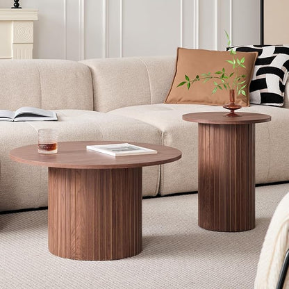 Round Nesting Coffee Tables for Living Room, Set of 2, Brown | φ27.6 + φ15.8 Boho Small Circle Side Tables, Fluted Drum Design Non-Slip Feet Minimalist Modern End Table Wood Grain Finish