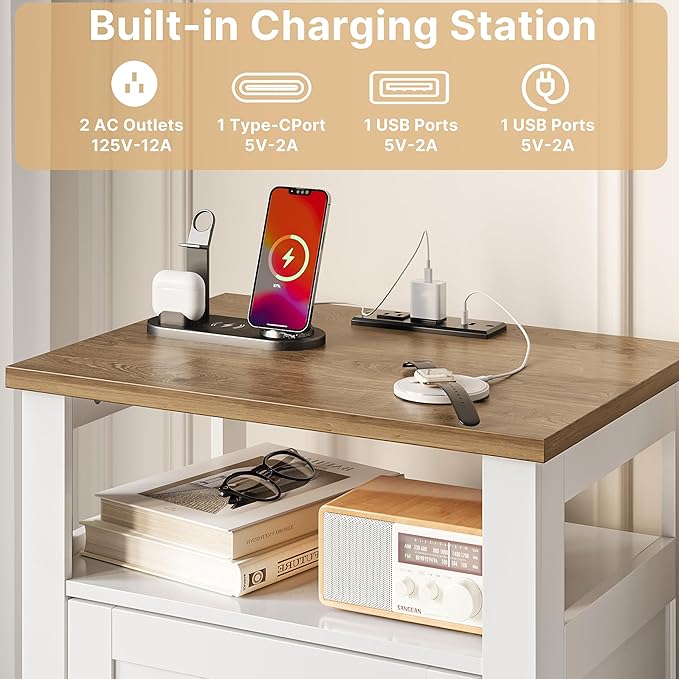 Decofy Farmhouse Nightstand with Charging Station, Modern End Tables with 2 Drawers & Open Shelf, Outlets, USB Ports & Type-C Ports, Wood Rustic Nightstands for Bedroom (2 Pack, Pure White + Walnut)